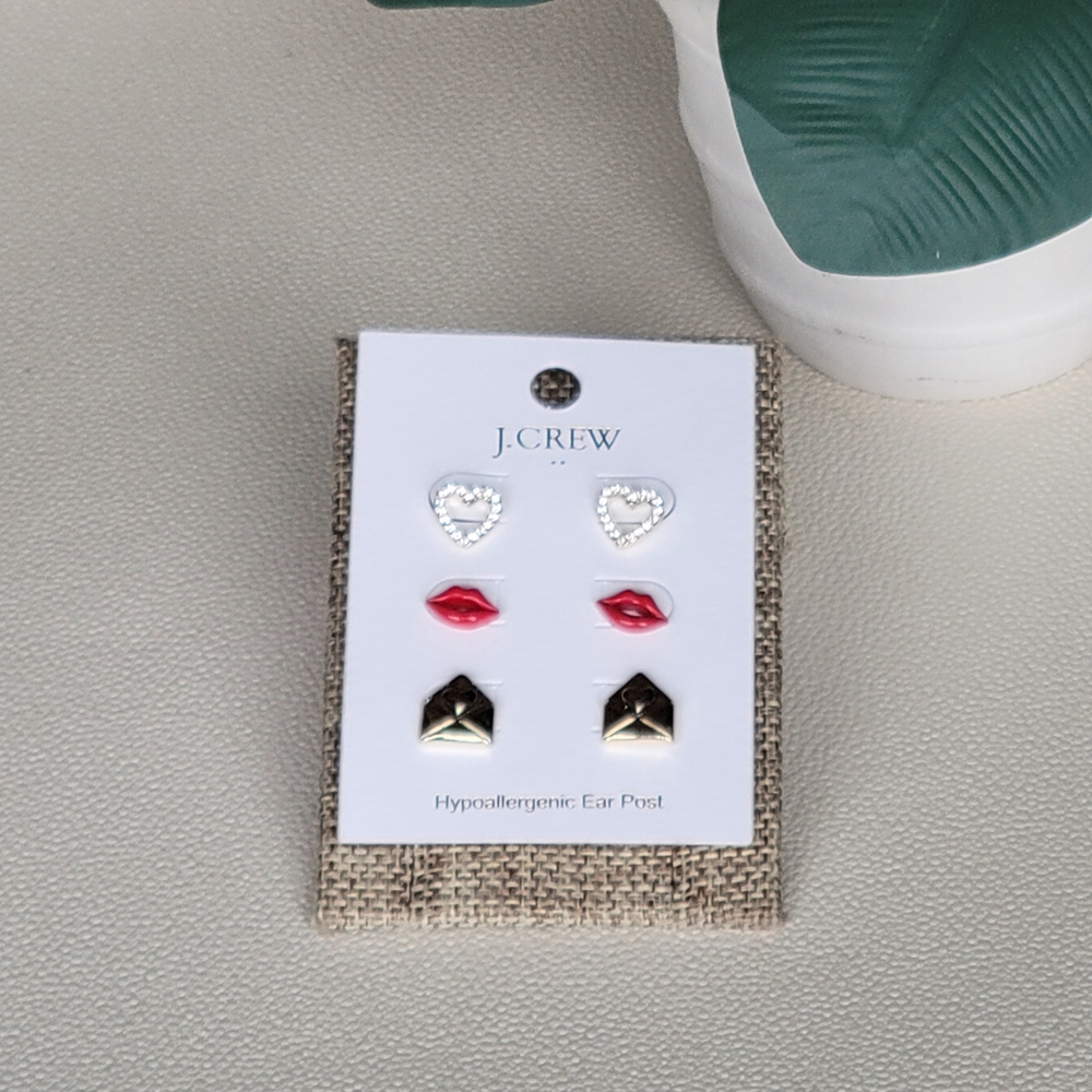 J. Crew Women's Gold Envelopes, Red Lips, and Heart  3 Piece Stud Earrings Set - Picture 2 of 3